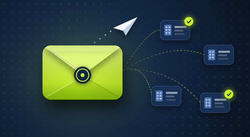 Envelope verde-limão enviando e-mails para cartões de empresas sobre fundo azul-marinho