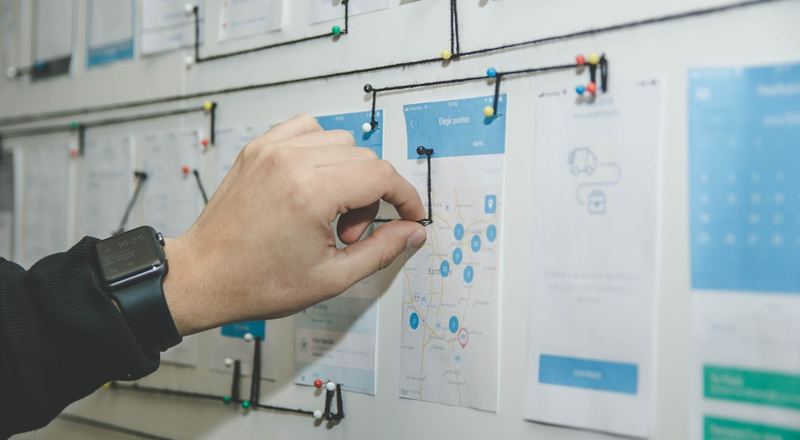 Quadro de gestão visual com cartões organizados por etapa